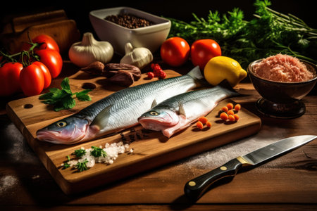 Fresh raw seabass fish with ingredients for cooking on wooden backgroundの素材