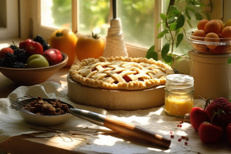 Homemade apple pie with fresh fruits and berries on the windowsillの素材
