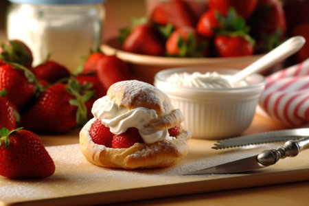 Strawberry tart with whipped cream and fresh strawberries on wooden boardの素材