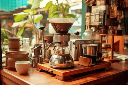 Coffee machine and coffee cup on wooden table in coffee shopの素材