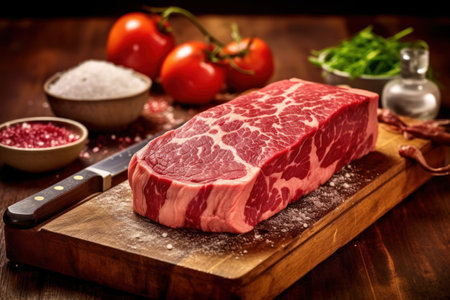 Raw beef steak on cutting board with spices and vegetables on wooden backgroundの素材