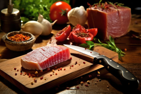Raw tuna fish fillet with herbs and spices on wooden cutting boardの素材