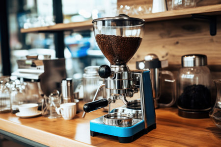 Coffee maker with coffee beans on wooden table in coffee shopの素材