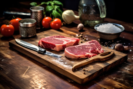 Raw beef steak on cutting board with herbs and spices on wooden backgroundの素材