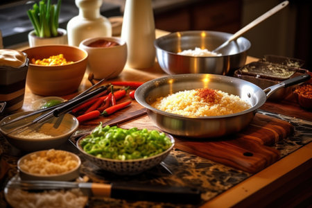cooking in the kitchen, close-up of rice and vegetablesの素材