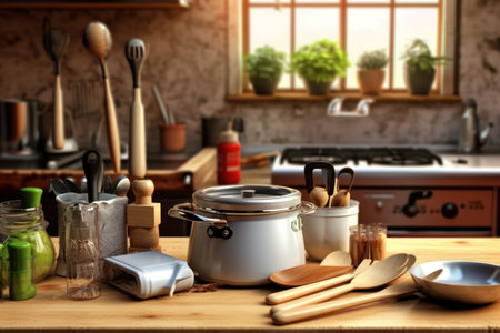 Kitchen utensils on wooden table in front of kitchen backgroundの素材