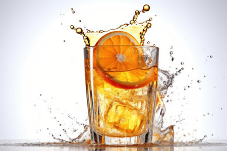 Cocktail with ice, orange and water splash on white backgroundの素材
