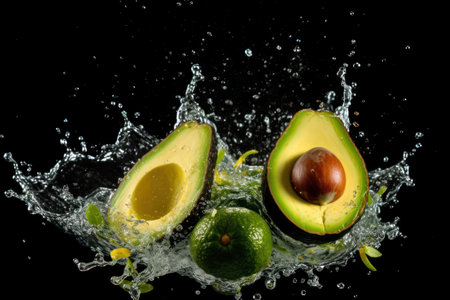 Avocado and avocados in water splash, isolated on black backgroundの素材
