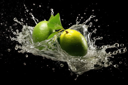 Limes in water splash isolated on black background. Close up.の素材