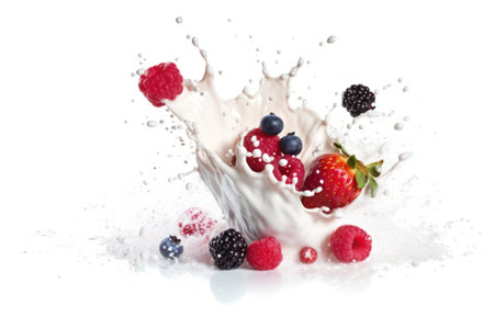 Milk splash with fruits and berries, isolated on white background.の素材