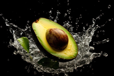 Avocado with water splash, isolated on black background. Healthy food concept.の素材
