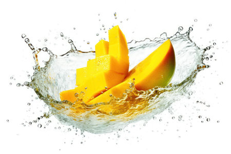 Mango fruit in water splash, isolated on the white background.の素材