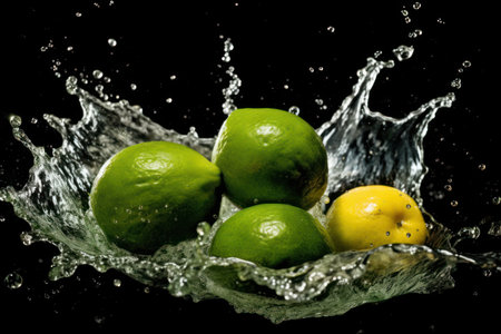 Limes and lemons in water splash, isolated on black backgroundの素材