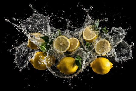 Lemons and lemons in water splash on black background.の素材