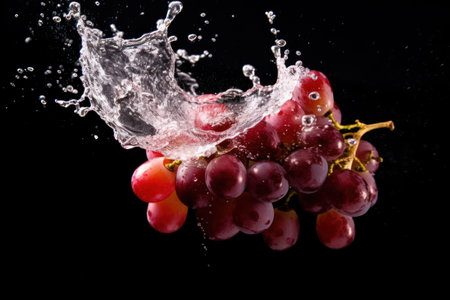Bunch of red grapes with water splash isolated on black background.の素材