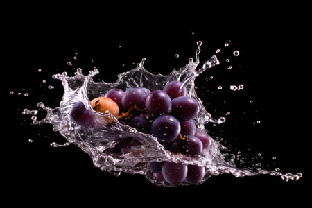Water splash with fruits isolated on black background. Ripe grapes with water drops.の素材