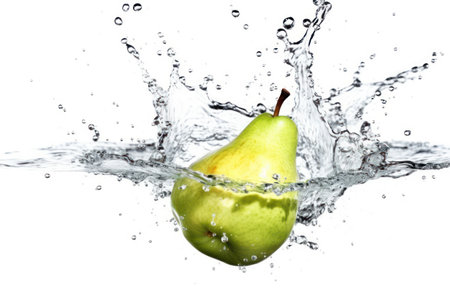 Green pear falling into water with splash, isolated on white background.の素材