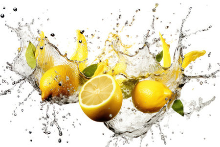 Fresh lemons with water splash isolated on white background. Citrus fruitsの素材