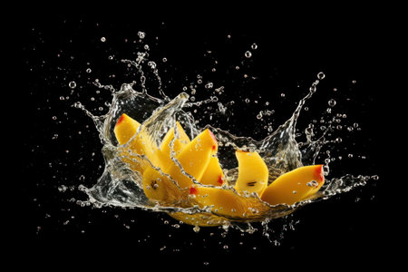 Water splash with banana and mango on black background. Fresh fruits.の素材
