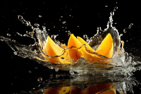 Slices of orange with water splash, isolated on black backgroundの素材