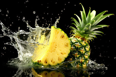 Pineapple with water splash isolated on black background. Fresh fruitの素材