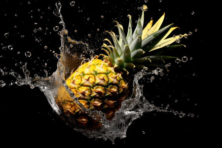 Pineapple falling into water with splash, isolated on black backgroundの素材