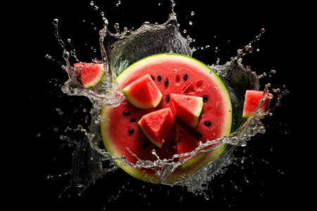 Watermelon in water splash, isolated on black background. Fresh fruitの素材