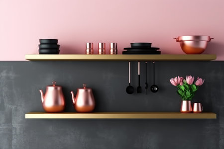 Kitchen shelf with kitchen utensils. 3d rendering.の素材