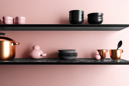 Kitchen shelf with utensils on pink wall. 3d renderingの素材