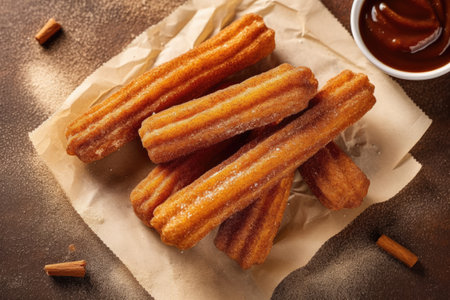 Churros with chocolate sauce on a brown background. Selective focus.の素材