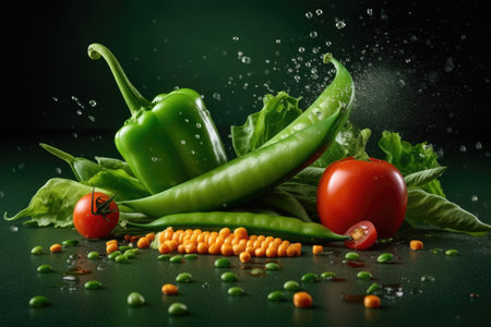 Vegetables on a dark background with splashes of water.の素材