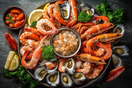 Seafood platter with shrimps, mussels, shrimps, squids, mussels and oystersの素材