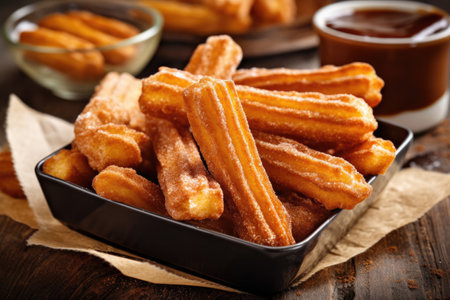 Churros with chocolate sauce on wooden background. Selective focus.の素材