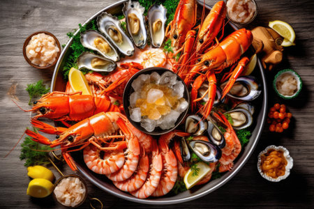Seafood platter with shrimps, mussels, squids, shrimps and oysters on wooden backgroundの素材