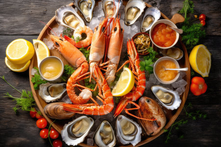 Seafood platter with shrimps, prawns, mussels, squids and oysters on wooden backgroundの素材