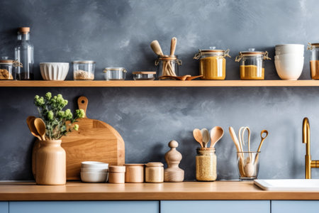 Kitchen utensils on a wooden shelf in a modern kitchenの素材