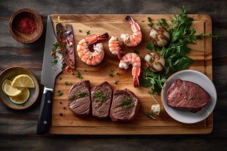 Beef steak with shrimps and prawns on a wooden boardの素材
