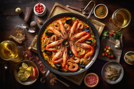 Seafood paella with shrimps, musselspus, prawns and squid. Mediterranean cuisine. Top viewの素材