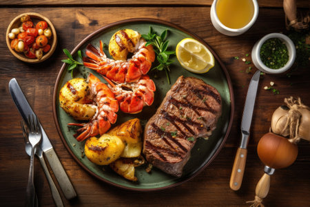 Grilled steak with shrimps, potatoes and vegetables on wooden backgroundの素材