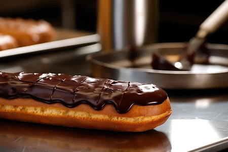 Chocolate eclair on a metal plate. Selective focus.の素材
