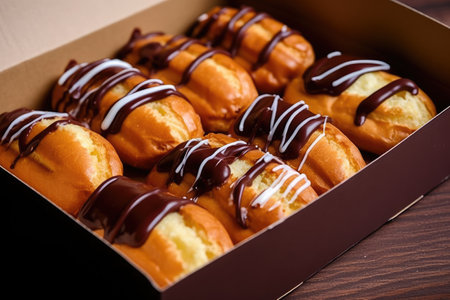 Delicious eclairs in a box on a wooden table.の素材