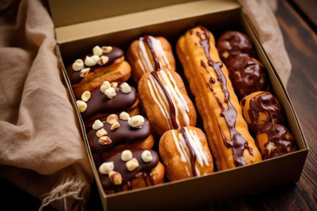 Delicious eclairs in a box on a wooden table.の素材