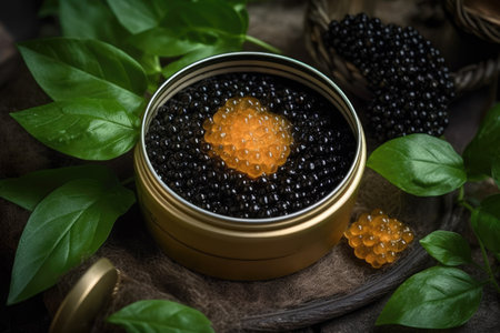 Black and red caviar in a tin can. Dark background.の素材
