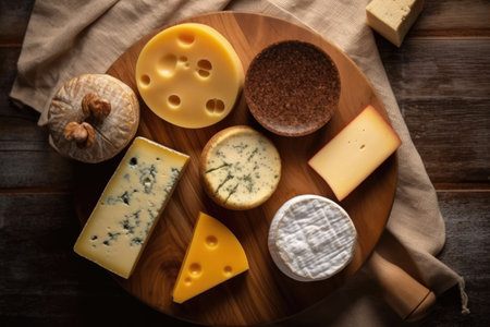 Assortment of cheese on a wooden board. Top view with copy spaceの素材