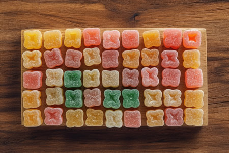 Colorful gummy candies on wooden background. Top view.の素材
