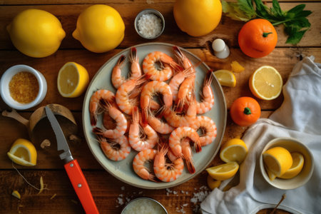 Fresh shrimps with lemon and salt on rustic wooden tableの素材