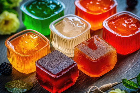 Jelly candies in a glass on a dark wooden background.の素材