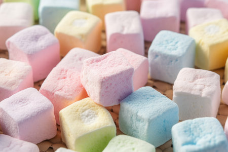 Colorful marshmallows on wooden background. Selective focus.の素材