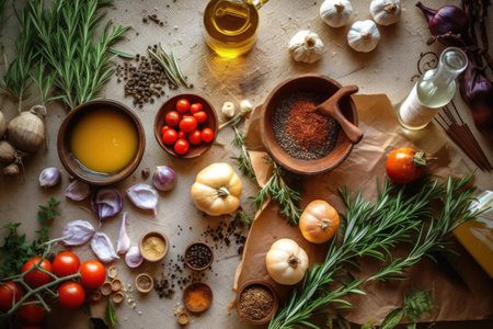 Cooking ingredients and spices on rustic background, top view.の素材