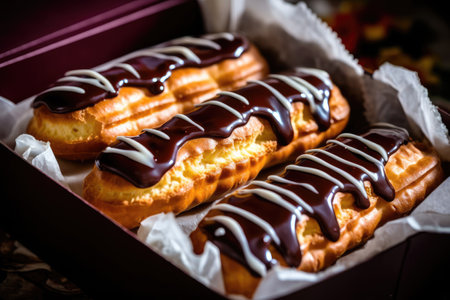 Delicious eclairs with chocolate in a box. Toned.の素材